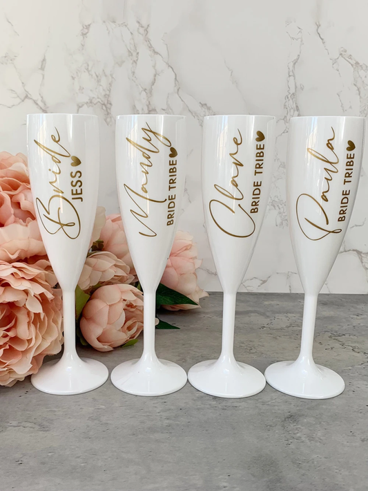 Personalised Plastic Champagne Flutes | Bridal Party | Hen Party | Reusable White Plastic Flutes