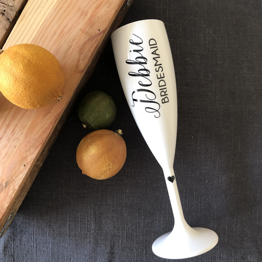 Personalised Plastic Champagne Flutes | Bridesmaid | Hen Party | Reusable White Plastic Flutes