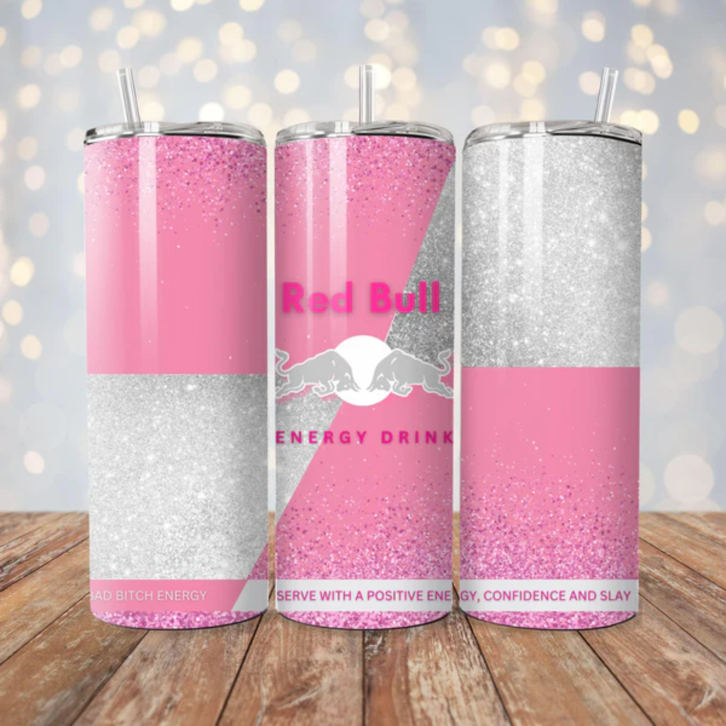 Pink and Silver Red Bull Inspired 20oz Stainless Steel Tumbler - With Straw And Lid - Metal and Plastic Straw