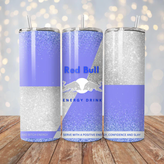 Purple and Silver Red Bull Inspired 20oz Stainless Steel Tumbler - With Straw And Lid - Metal and Plastic Straw