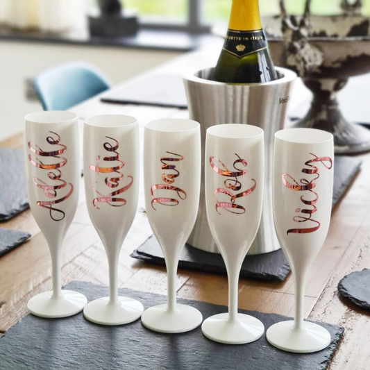 Personalised Plastic Champagne Flutes | Prom | Hen Party | Reusable White Plastic Flutes