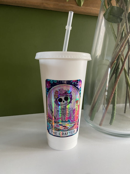 The Crafter Tarot Card Inspired 24oz Cold Cup / Holographic Tarot Card | Iced Coffee Cold Cup with Lid and Straw / Loads of Designs