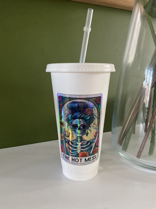 The Hot Mess Tarot Card Inspired 24oz Cold Cup / Holographic Tarot Card | Iced Coffee Cold Cup with Lid and Straw / Loads of Designs