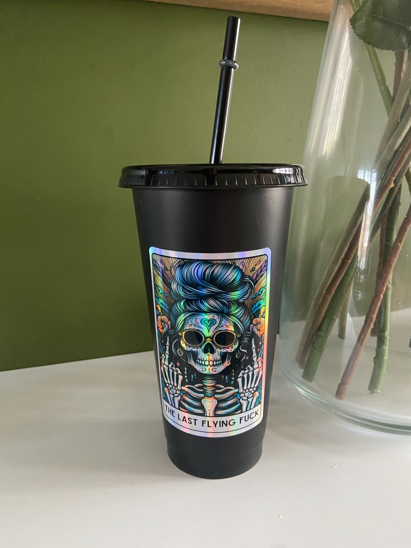 The Last Flying Fuck Tarot Card Inspired 24oz Cold Cup / Holographic Tarot Card | Iced Coffee Cold Cup with Lid and Straw / Loads of Designs