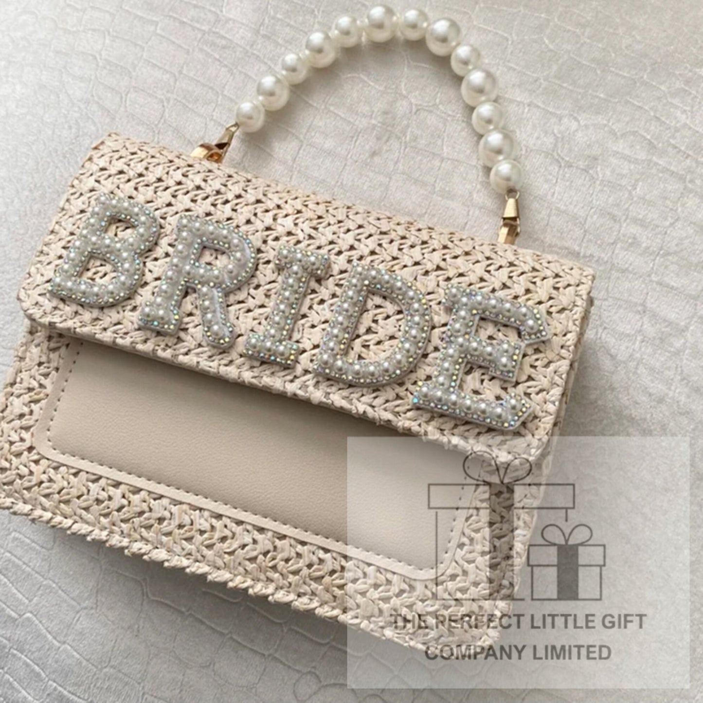 Personalised Straw Bride Lettering Pearl Woven Bridal Bag